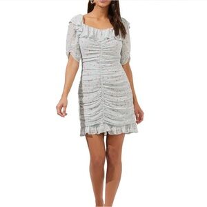 ASTR THE LABEL Floral Ditsy Ruffle‎ Neck Ruched Dress - Teal Multi Ditsy Medium